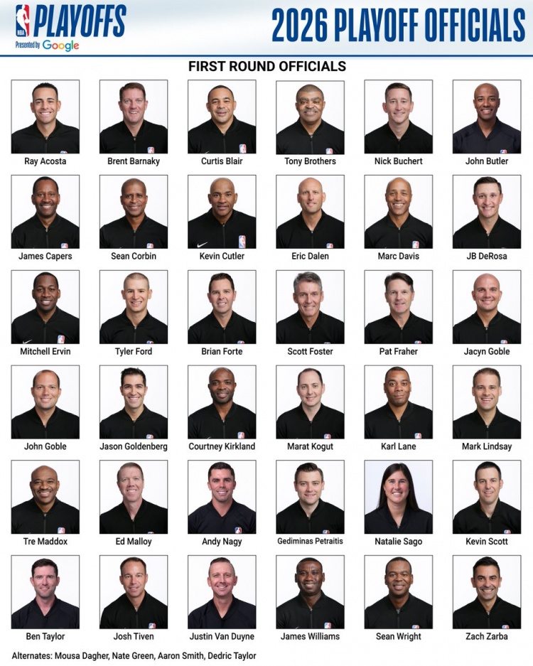 NBA季后賽裁判名單公布 福斯特領(lǐng)銜36人名單