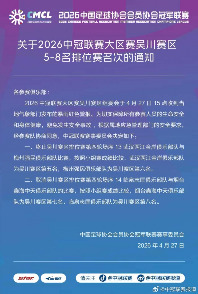 中冠吳川賽區(qū)暴雨紅色預(yù)警：兩場排位賽終止取消，小組賽成績定座次
