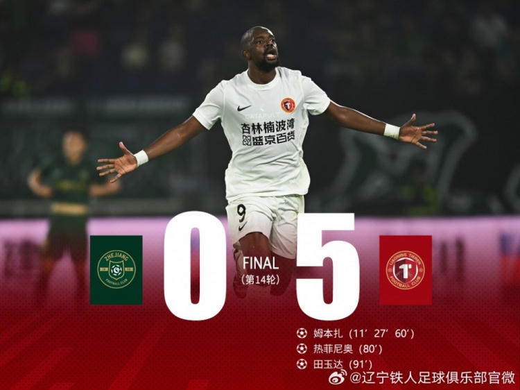 姆本扎帽子戲法 遼寧鐵人客場(chǎng)5-0橫掃浙江隊(duì)取客場(chǎng)首勝