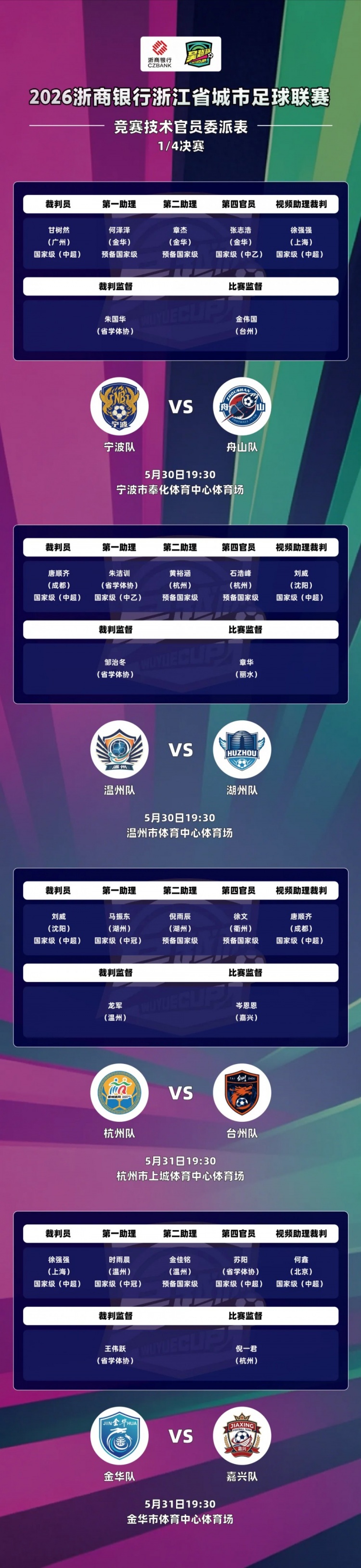 吳越杯四分之一決賽外省中超裁判全覆蓋，唐順齊、甘樹然分別執(zhí)法
