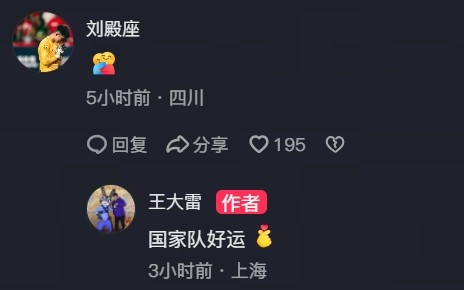 王大雷社媒送別劉殿座：國家隊好運