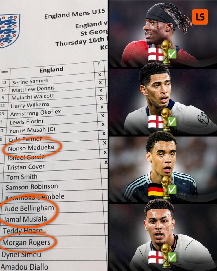英格蘭U15四子齊聚2026世界杯：貝林穆西亞拉領(lǐng)銜，帕爾默落選