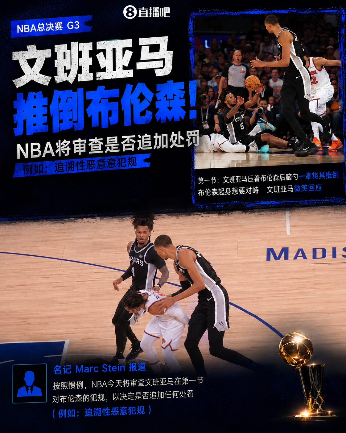 NBA審查文班亞馬推倒布倫森動(dòng)作，或追加惡意犯規(guī)