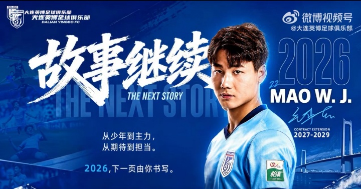 21歲國腳毛偉杰續(xù)約大連英博至2029年，中冠到國足五年三級跳
