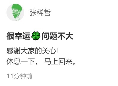 無對(duì)抗急停扭傷！張稀哲第9分鐘傷退，社媒報(bào)平安：很幸運(yùn)問題不大